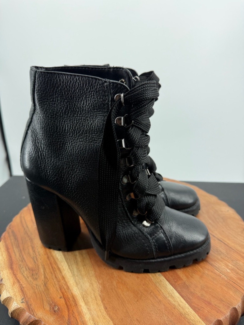 Schutz Zhara Lace-Up Boots black leather chunky‎ high block heel lugged sole 7.5